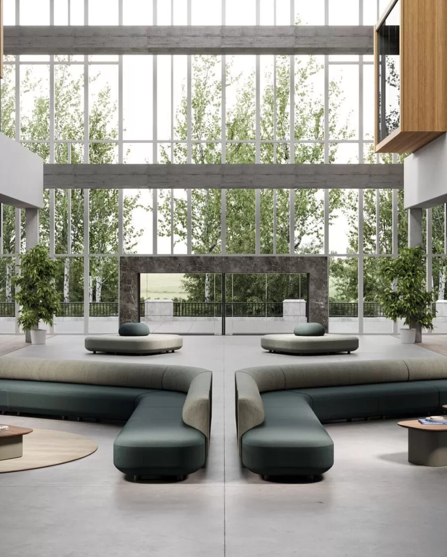 divani modulari grandi e angolari in una reception e sala attesa