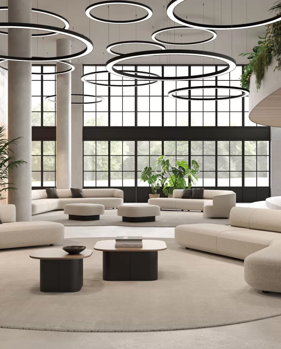 eleganti divani di design con pouf e tavoli caffè in una reception