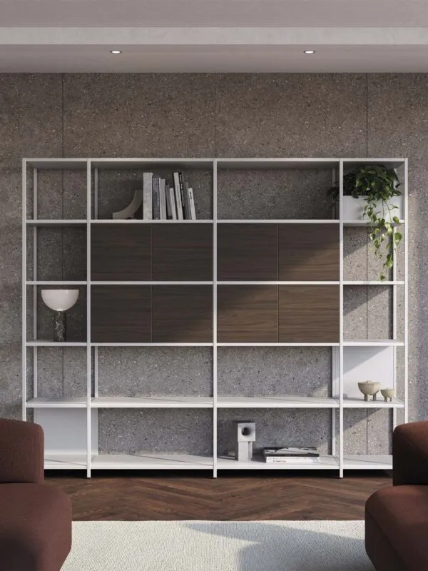 The Phylo Office Bookcase develops micro architectures designed to separate and contain in total lightness and freedom.
