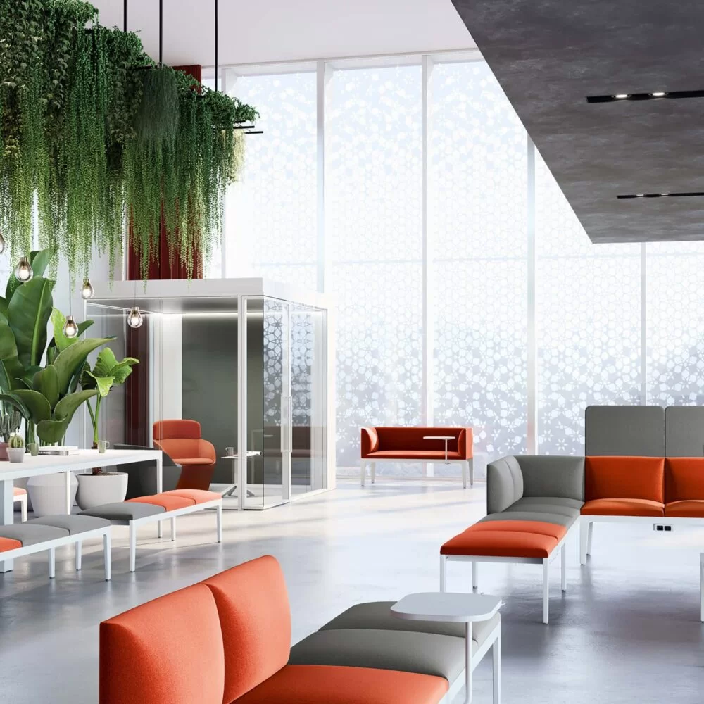 Alplus complete office furniture collection. Desks, armchairs, sofas, meeting tables. Alplus Frezza