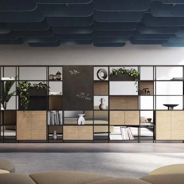 The Phylo Office Bookcase develops micro architectures designed to separate and contain in total lightness and freedom.