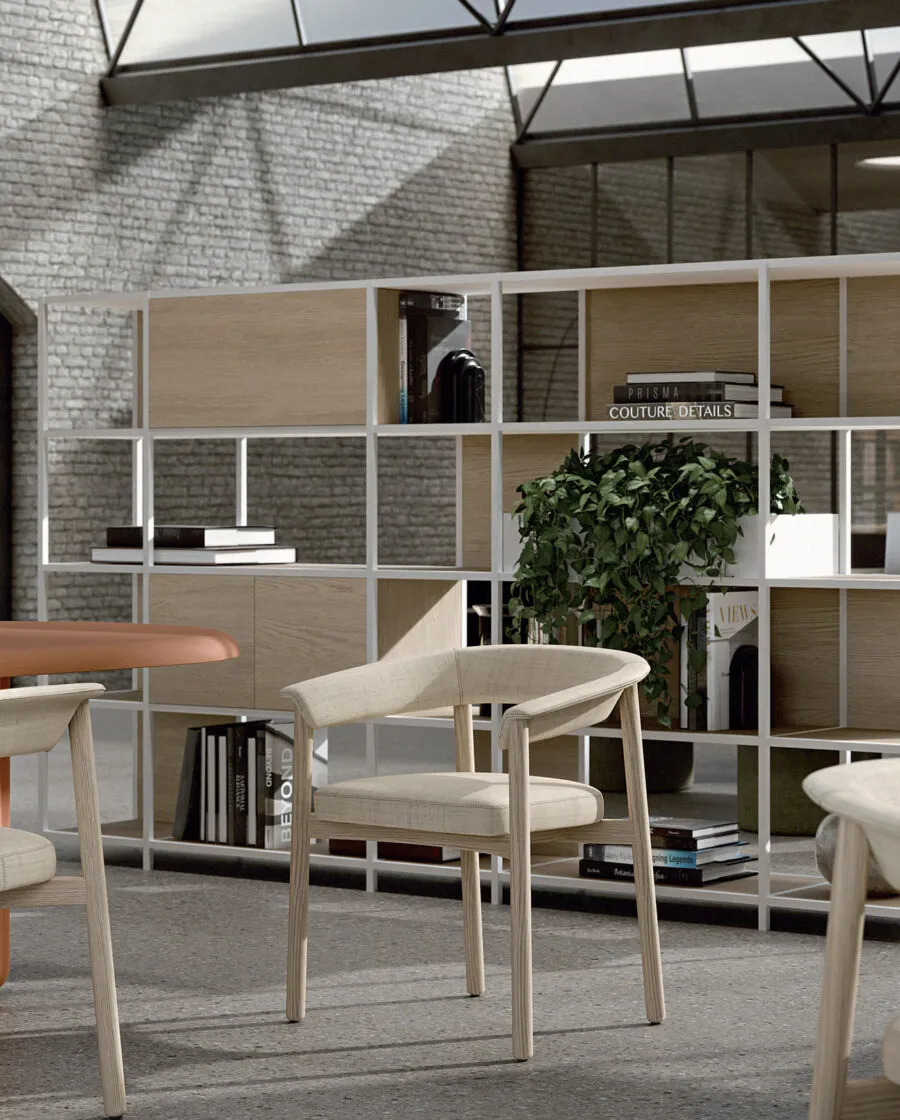 Lash — Wooden chair design cream, loft showroom, brick wall