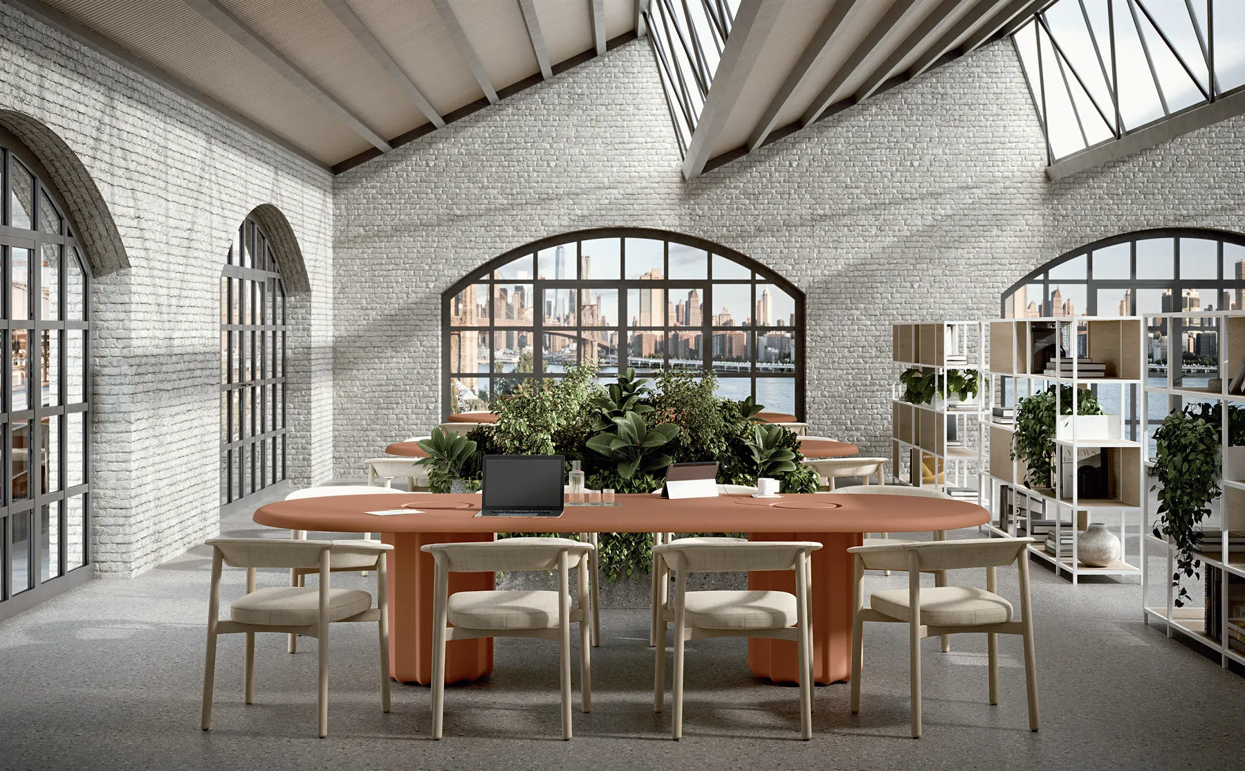 Lash wooden chair design in natural oak with white upholstery around a terracotta oval conference table in a contemporary loft with brick arches — Sabree Italian design