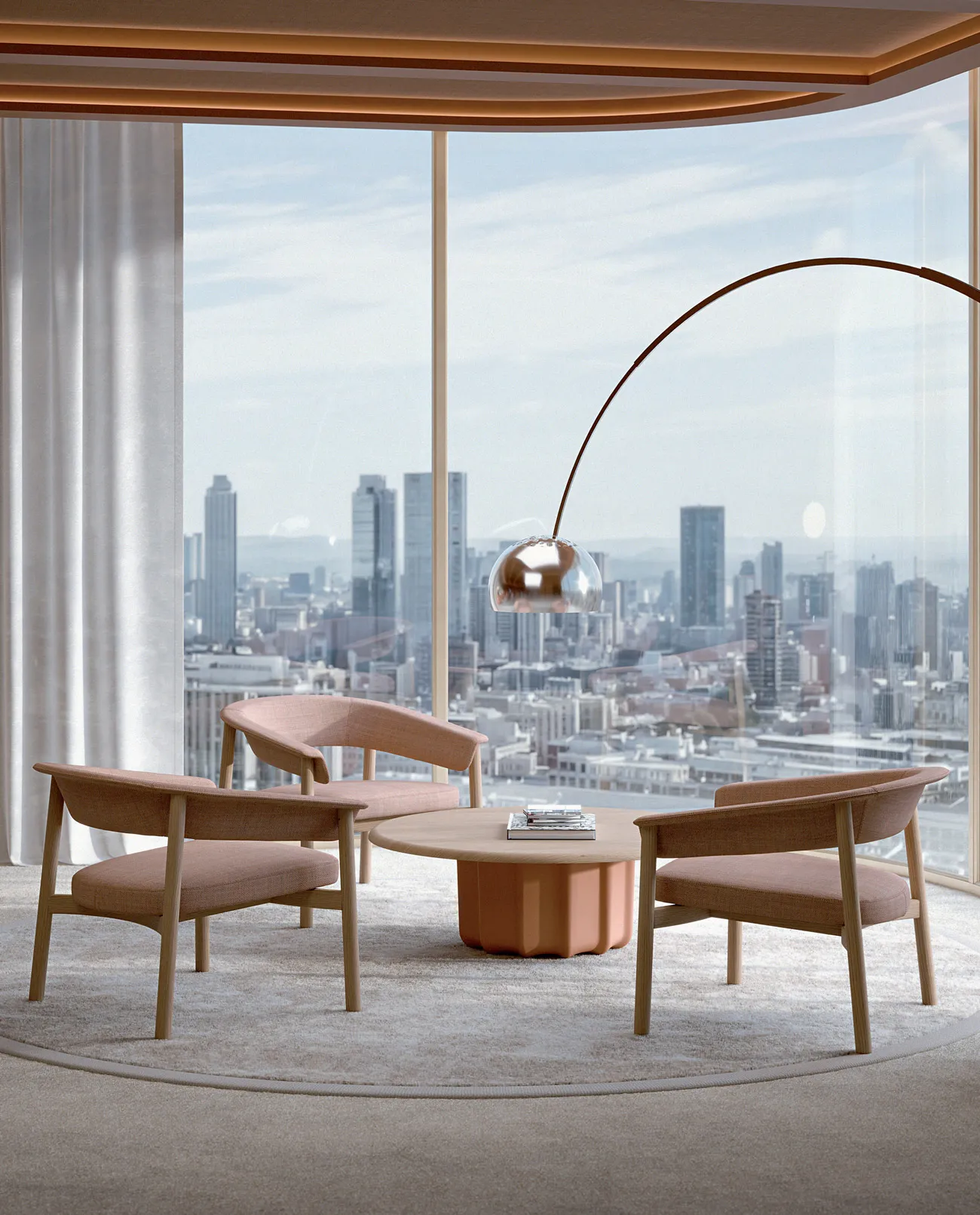 Lash wooden lounge chair in terracotta upholstery in a contemporary living room with panoramic city skyline view and copper arc floor lamp — Sabree Italian design