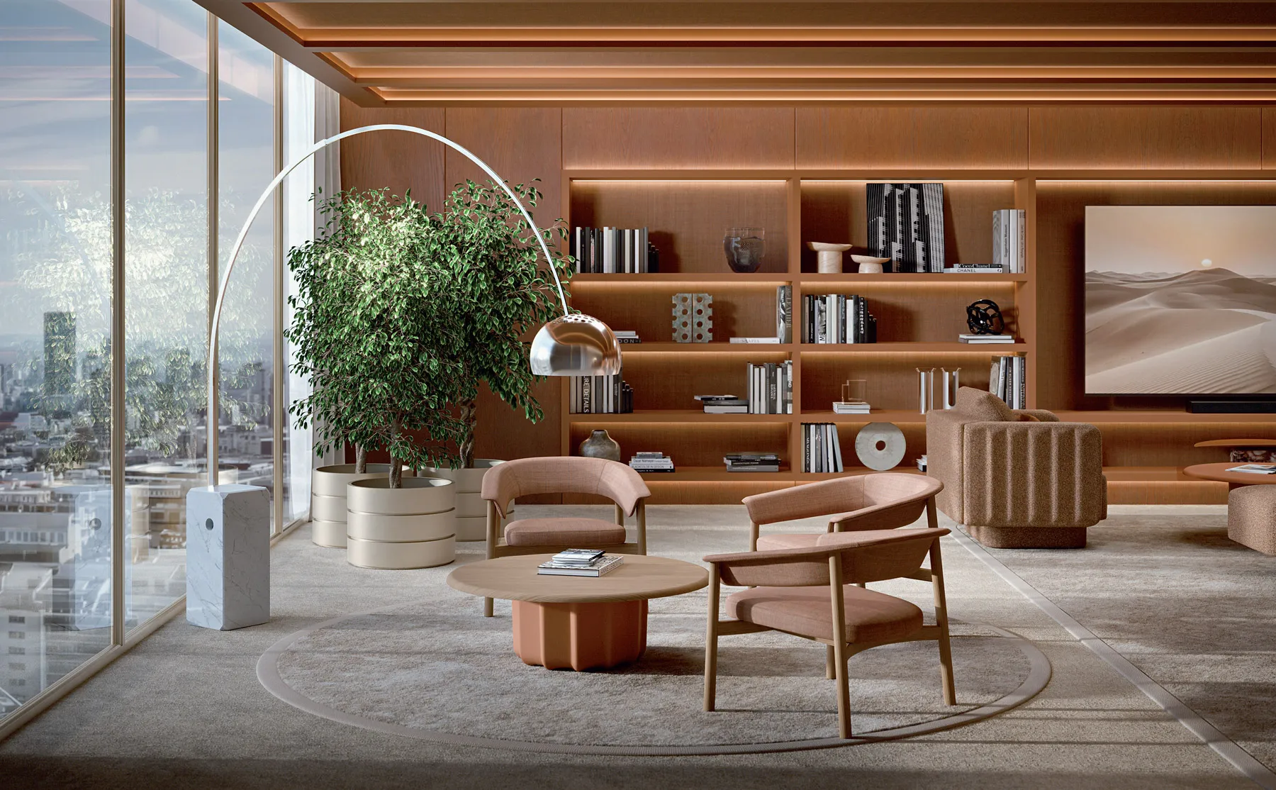 Lash wooden chairs design collection: Lounge Chair and Chair in blush pink fabric with oak frame, paired with a coffee table in a luxury executive living room with bookcase and city view — Frezza