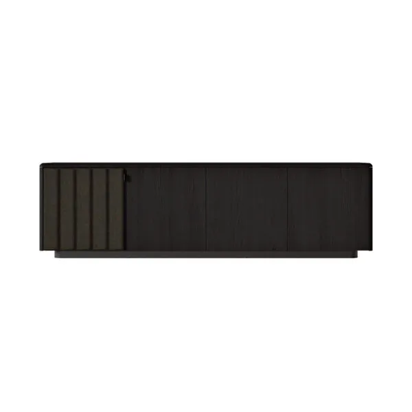 Sabree designer sideboard in black-stained oak, with a door upholstered in textured wave-pattern fabric and a recessed plinth — Italian design