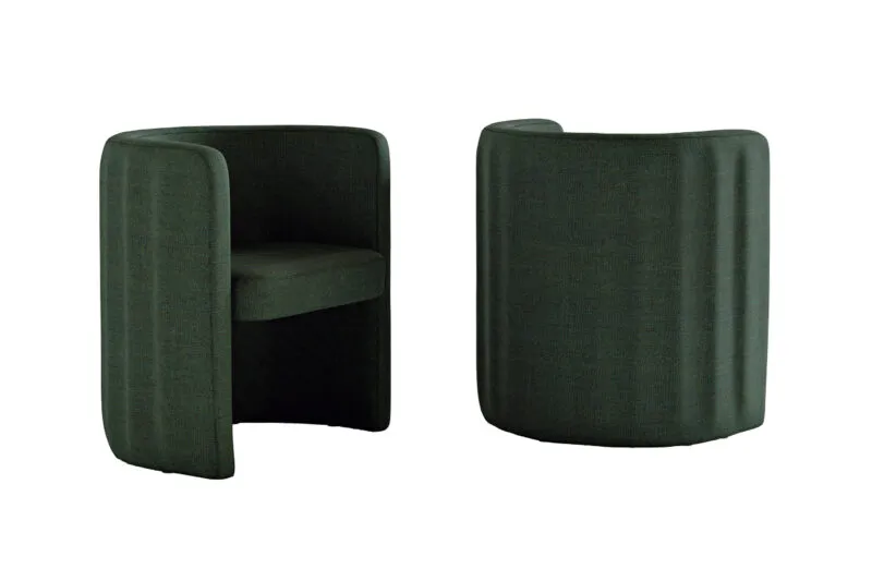 Sabree tub chair in forest green upholstery, front and side view showing the signature undulating pattern on the backrest — Italian design