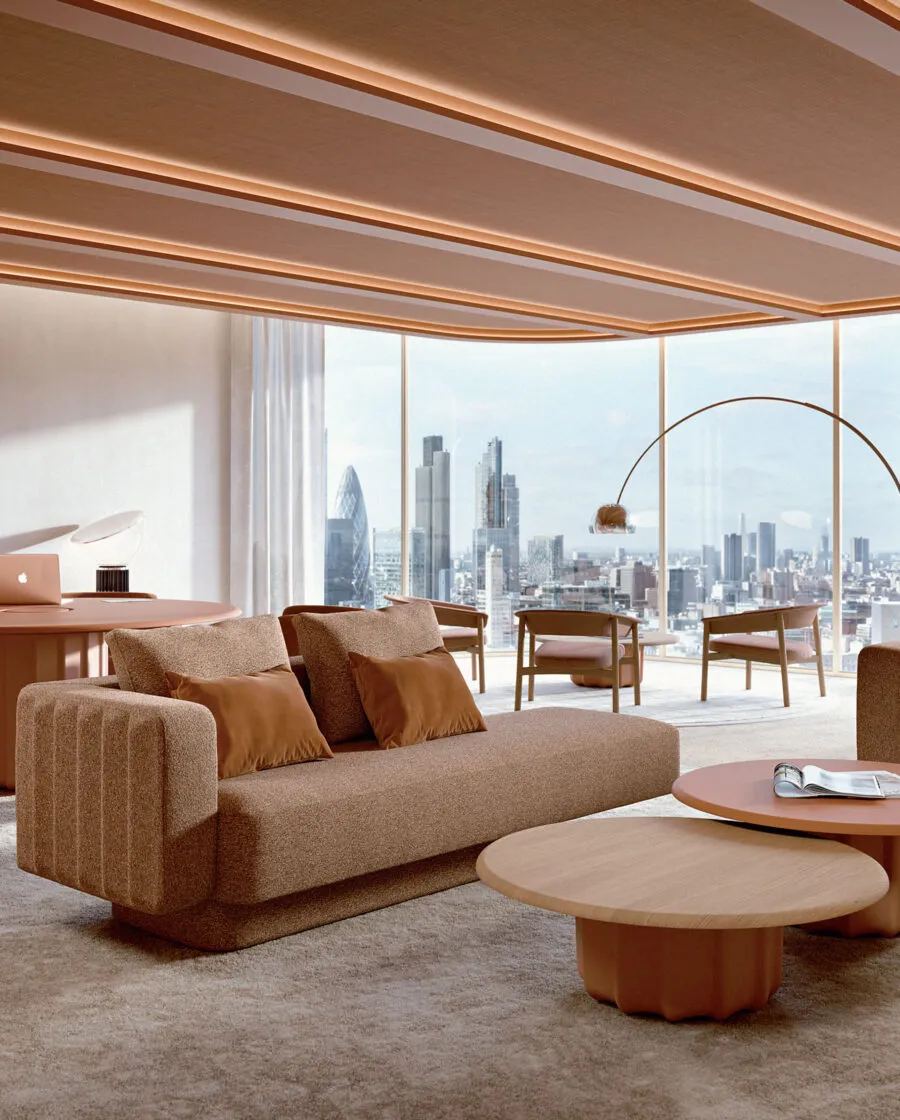 Sabree luxury sofa in camel upholstery with matching coffee table and arc floor lamp in a contemporary penthouse with panoramic city skyline — Italian design