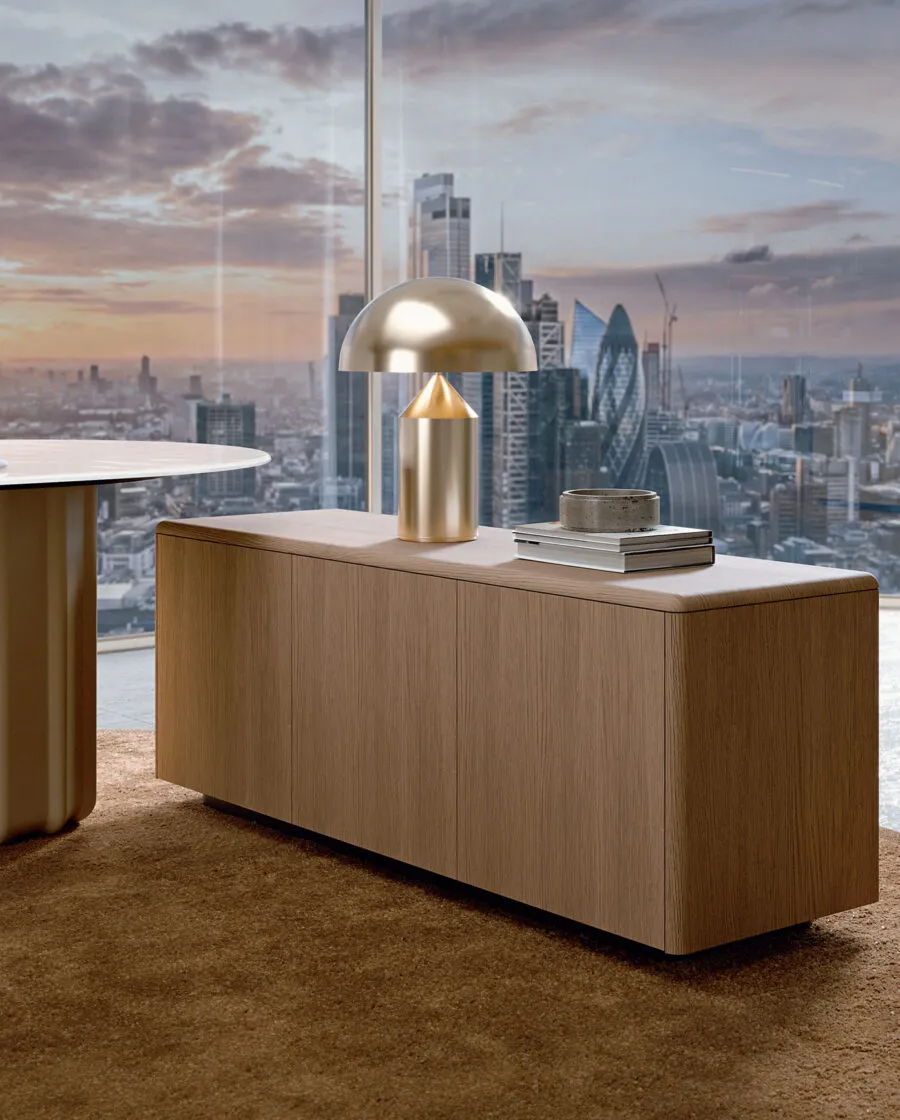 Sabree design sideboard in oak finish with brass accessories and panoramic city skyline view — Italian contemporary design