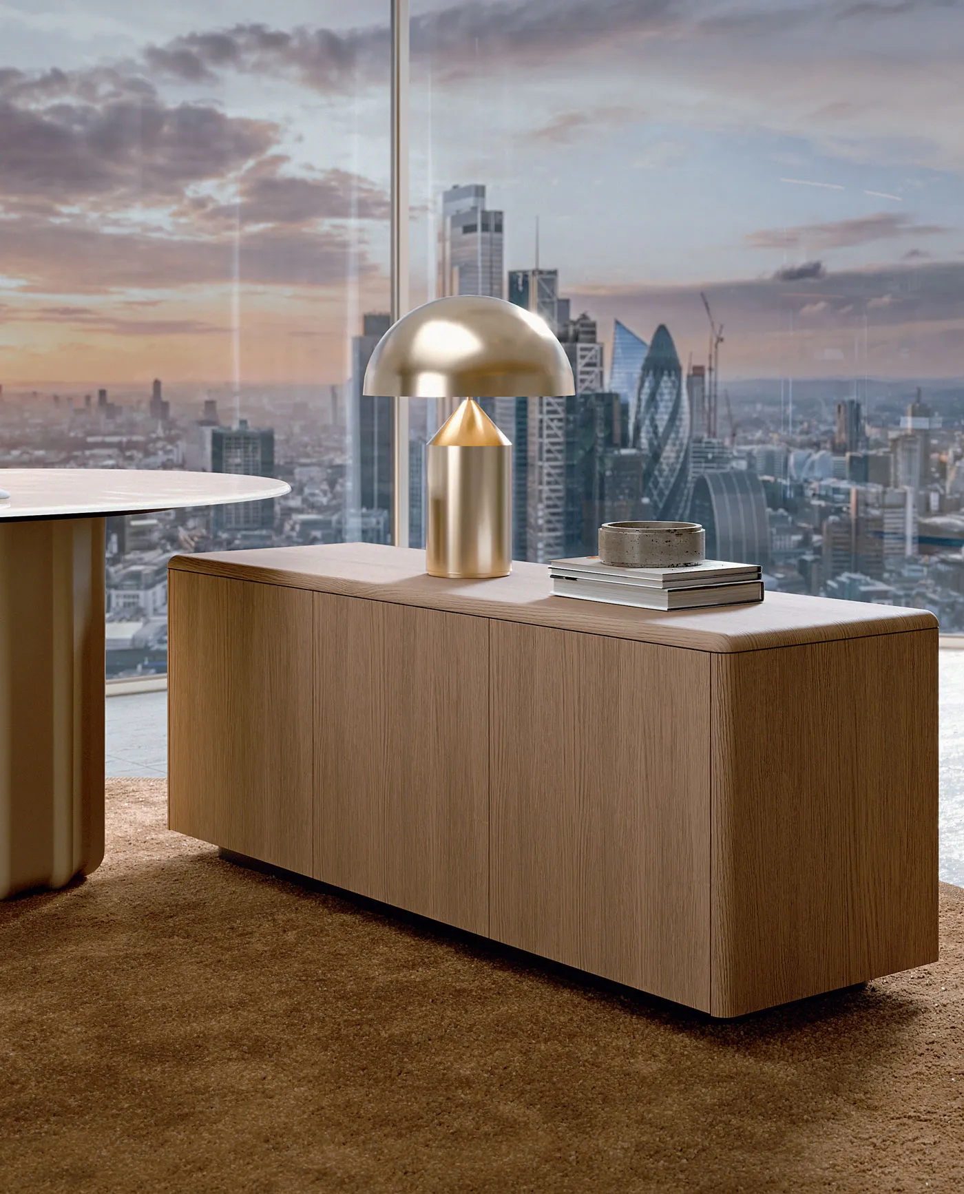 Sabree design sideboard in oak finish with brass accessories and panoramic city skyline view — Italian contemporary design
