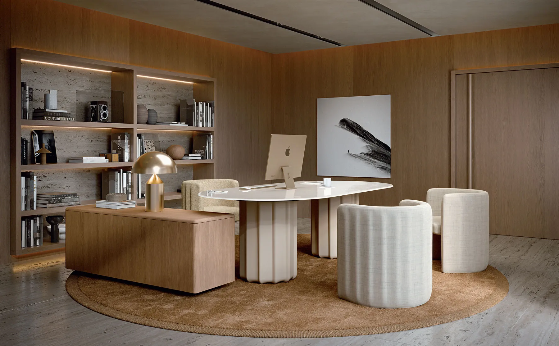 Sabree design sideboard in oak finish in a warm executive office with wooden shelving, designer desk and sculptural cylindrical stools — Italian design