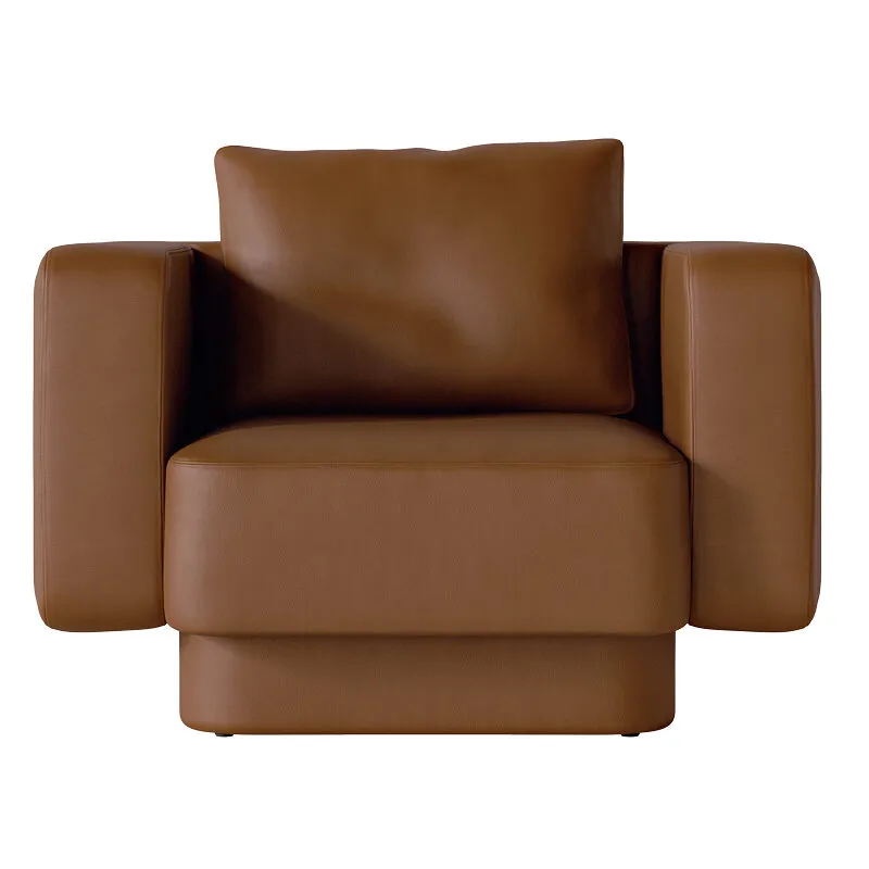 Sabree designer armchair in cognac leather upholstery, front view with optional lumbar cushion and recessed base — Italian design