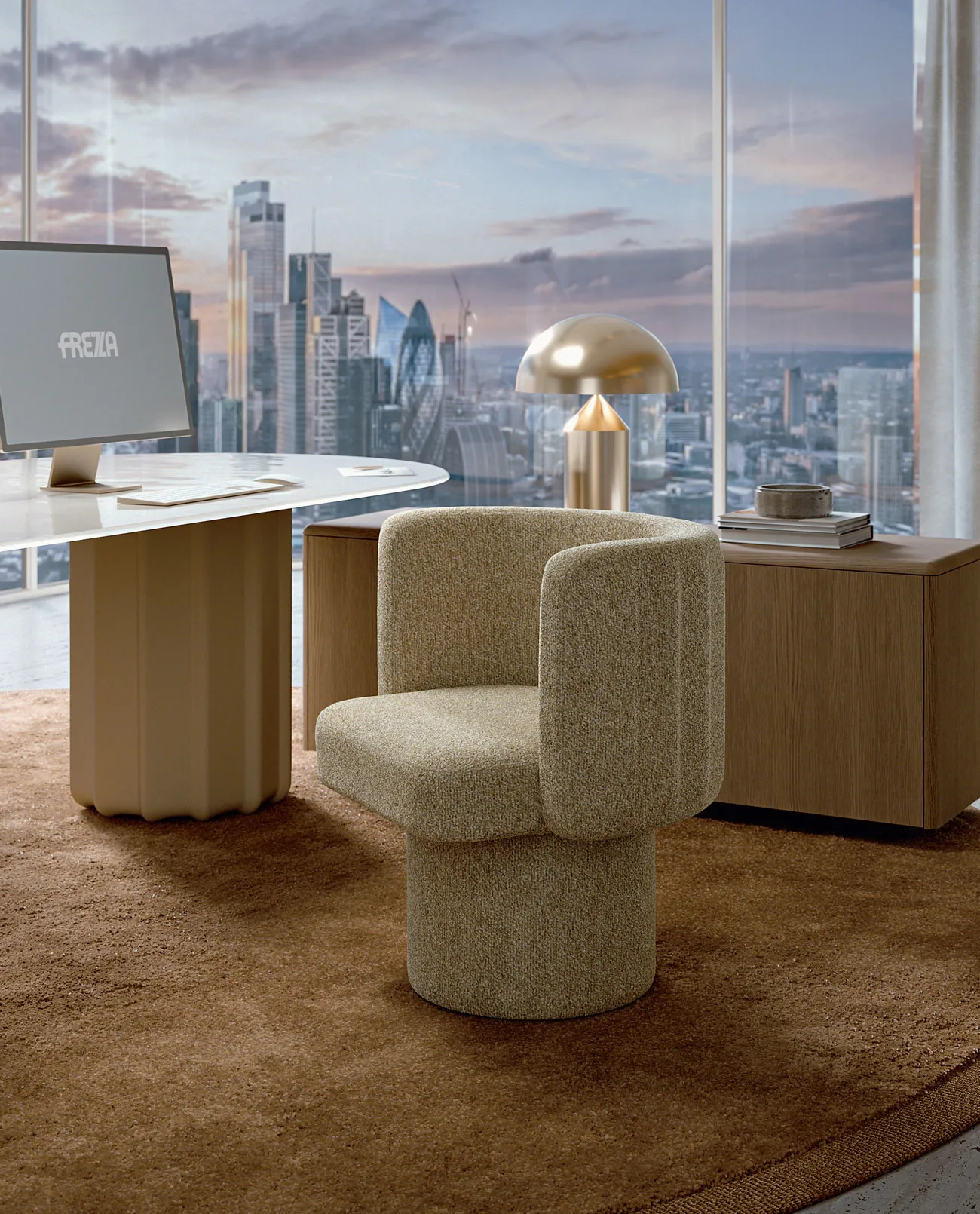 Sabree swivel armchair in sand bouclé upholstery alongside the Sabree table with brass lamp and New York skyline view — Italian design