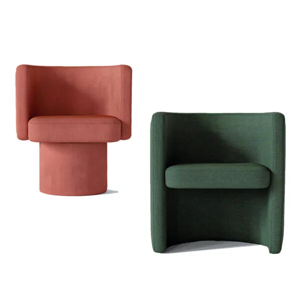 Sabree swivel armchair in terracotta and tub chair in forest green upholstery, sculptural cylindrical base and enveloping backrest — Italian design