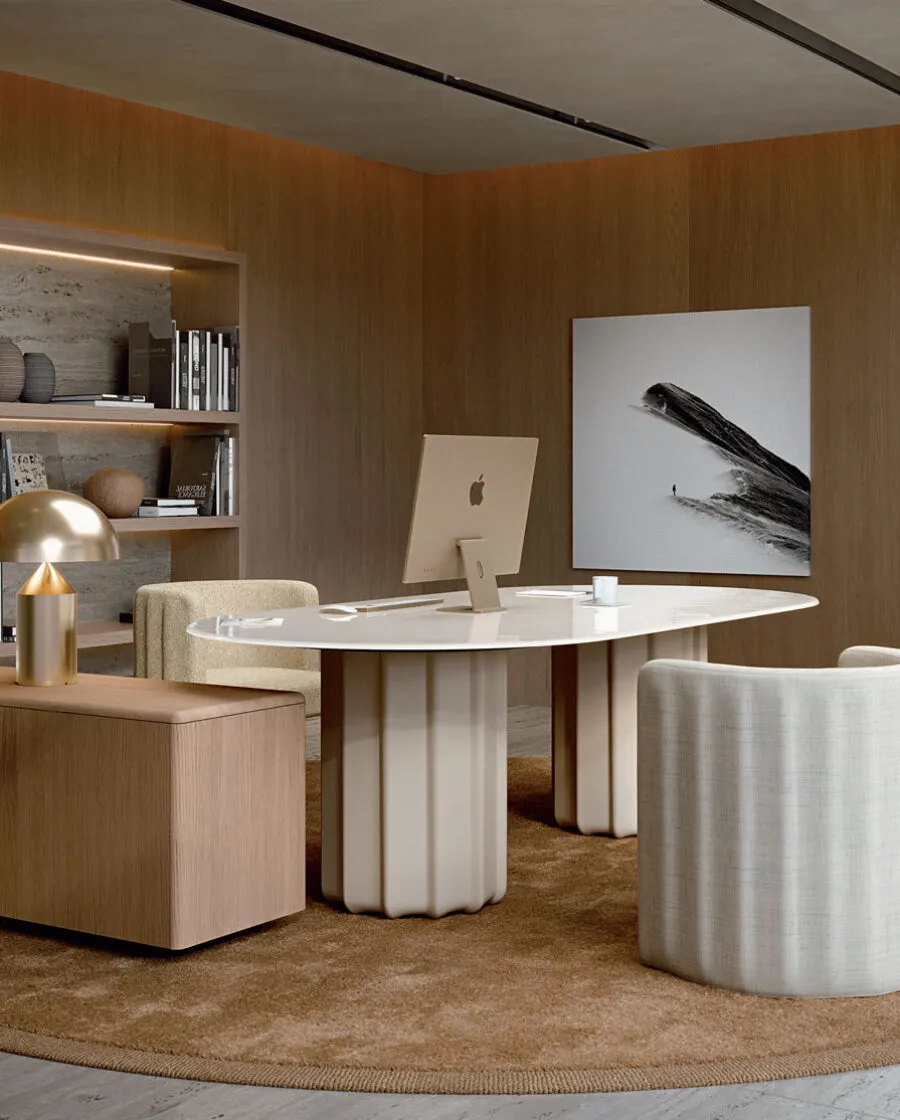 Sabree swivel armchair and tub chair in white upholstery in a contemporary executive office with warm wood sideboard and monochrome artwork — Italian design