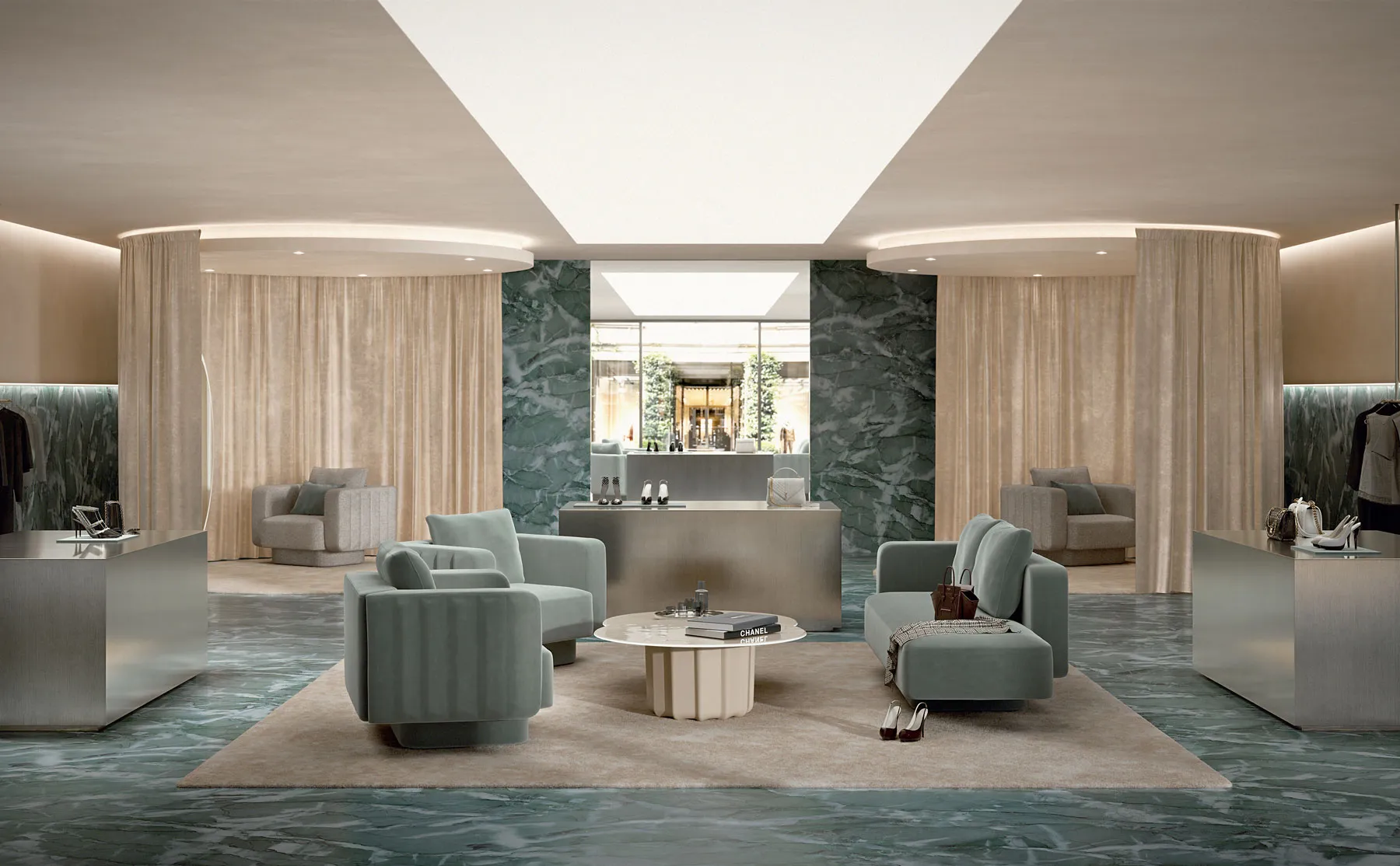 Sabree luxury sofa and designer armchair in sage blue upholstery in a contemporary showroom with green marble wall and draped curtains — Italian design