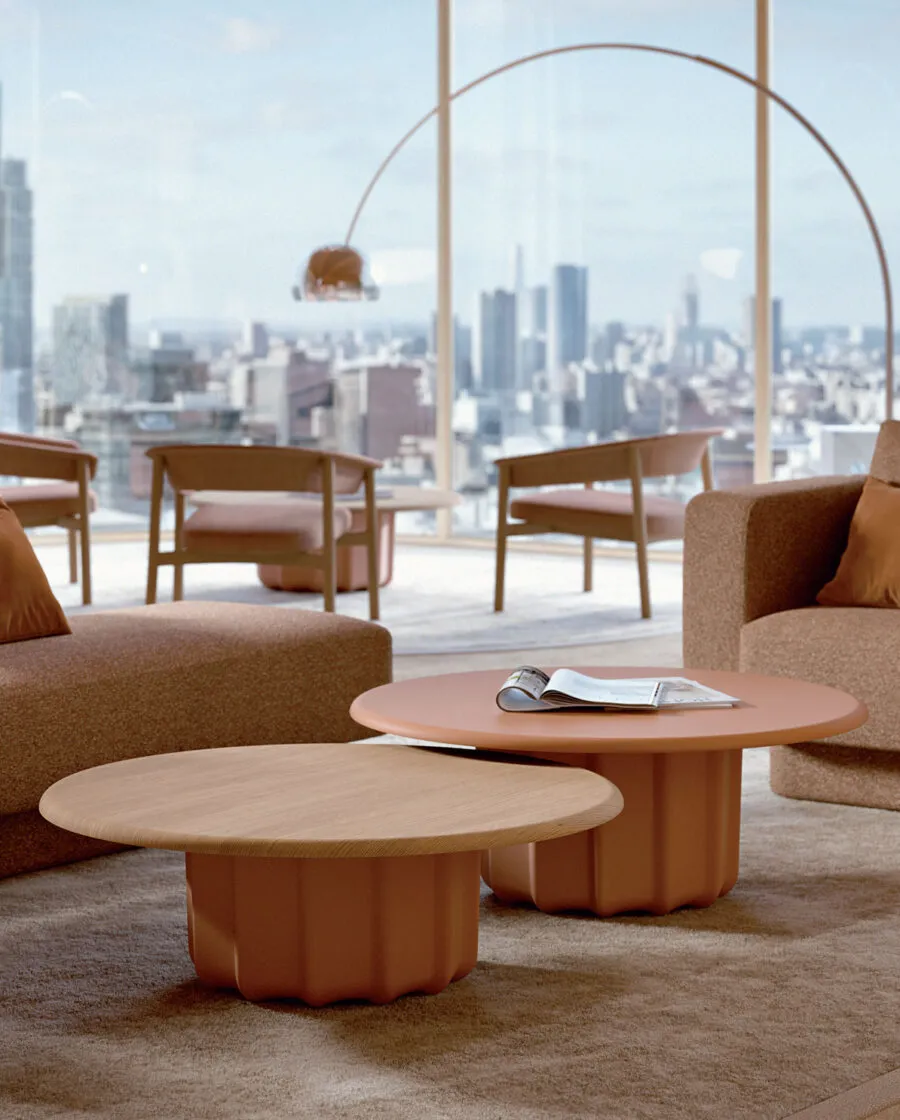 Sabree luxury coffee tables in two heights with oak and terracotta-toned round tops in a contemporary living room with city skyline view — Italian design