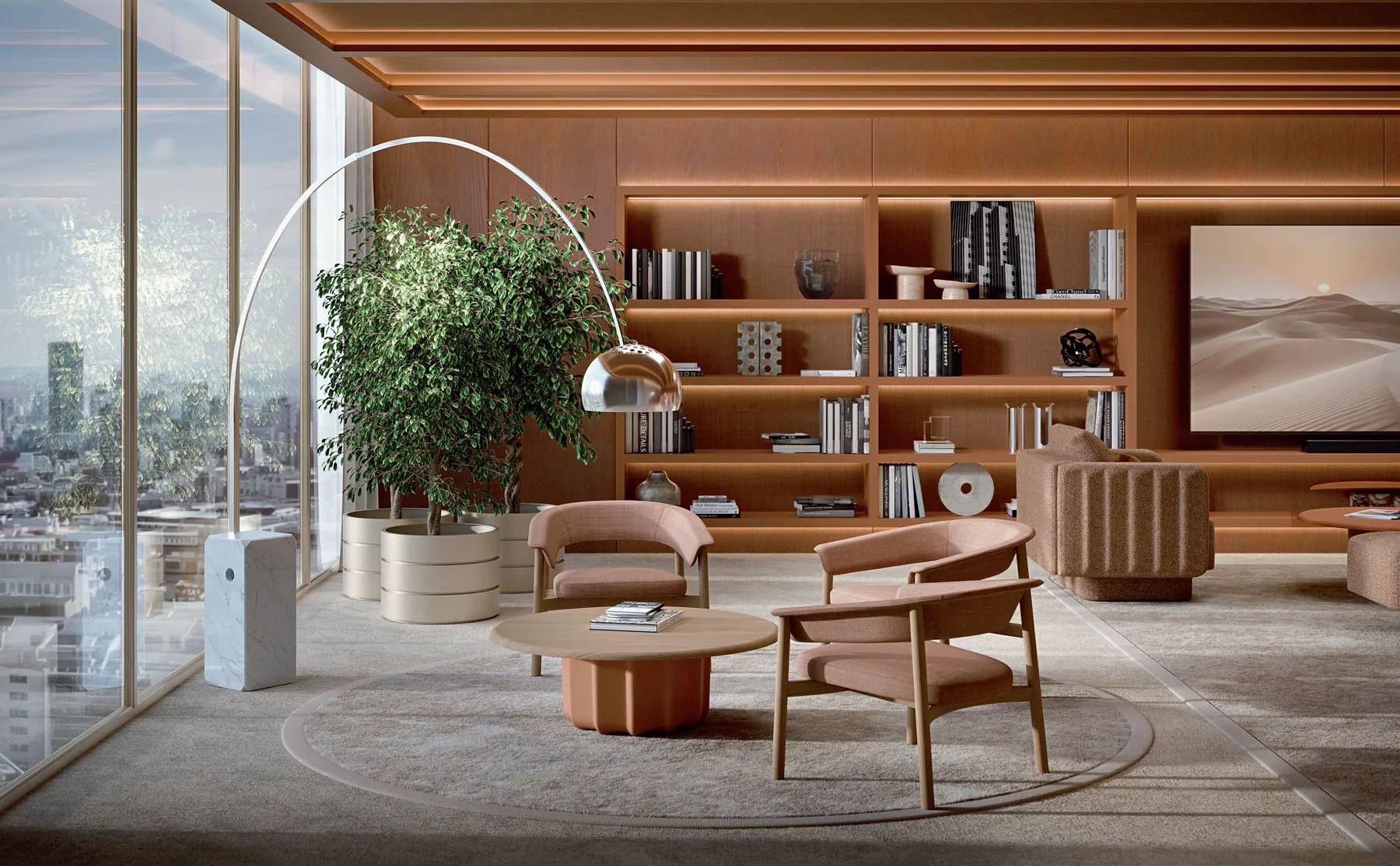 Sabree round luxury coffee table in a warm private library with wooden shelving, cognac leather armchair and arc floor lamp — Italian design