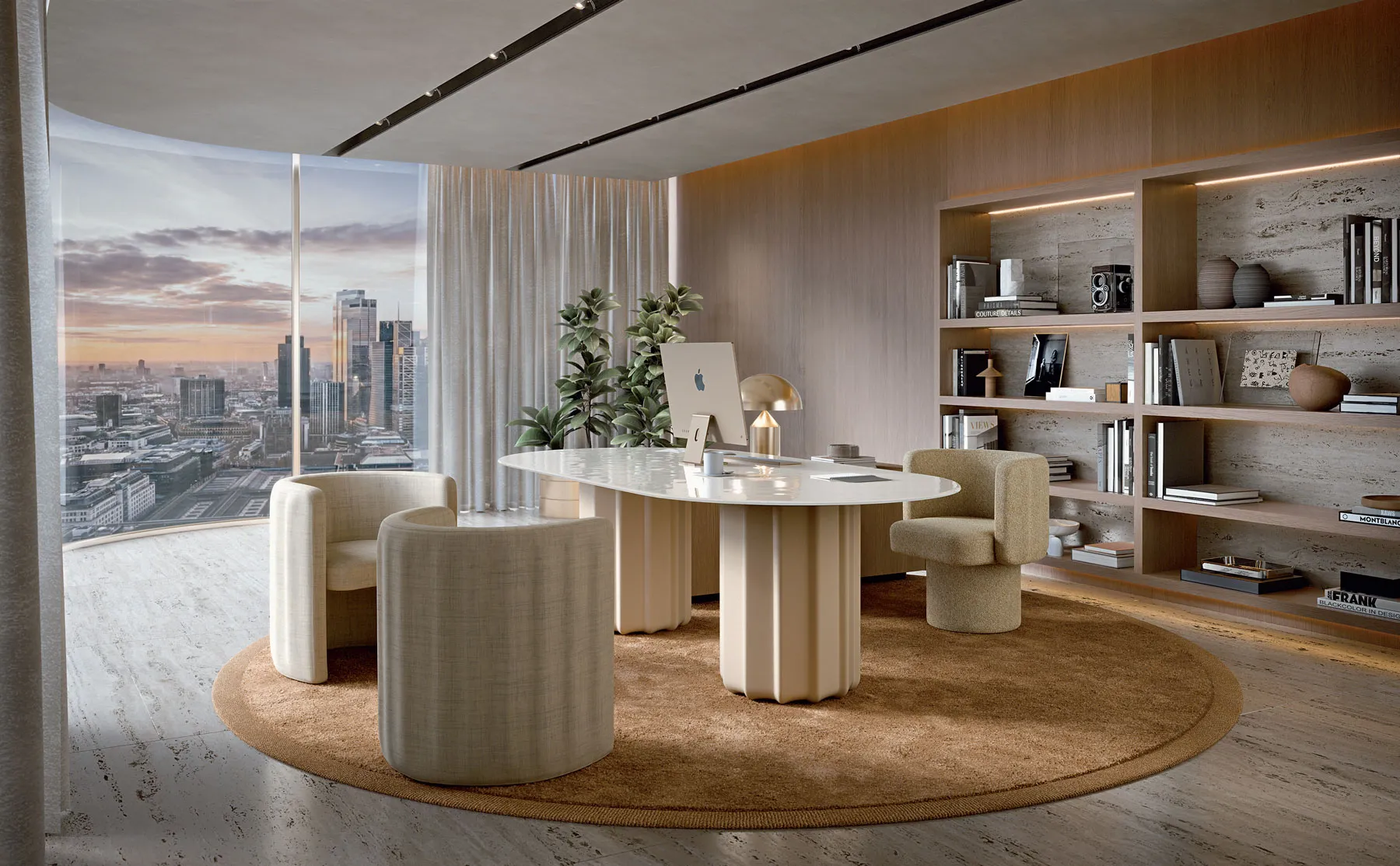 Sabree round table design with white top and sculptural base in a neutral executive office with panoramic city view at dusk — Frezza