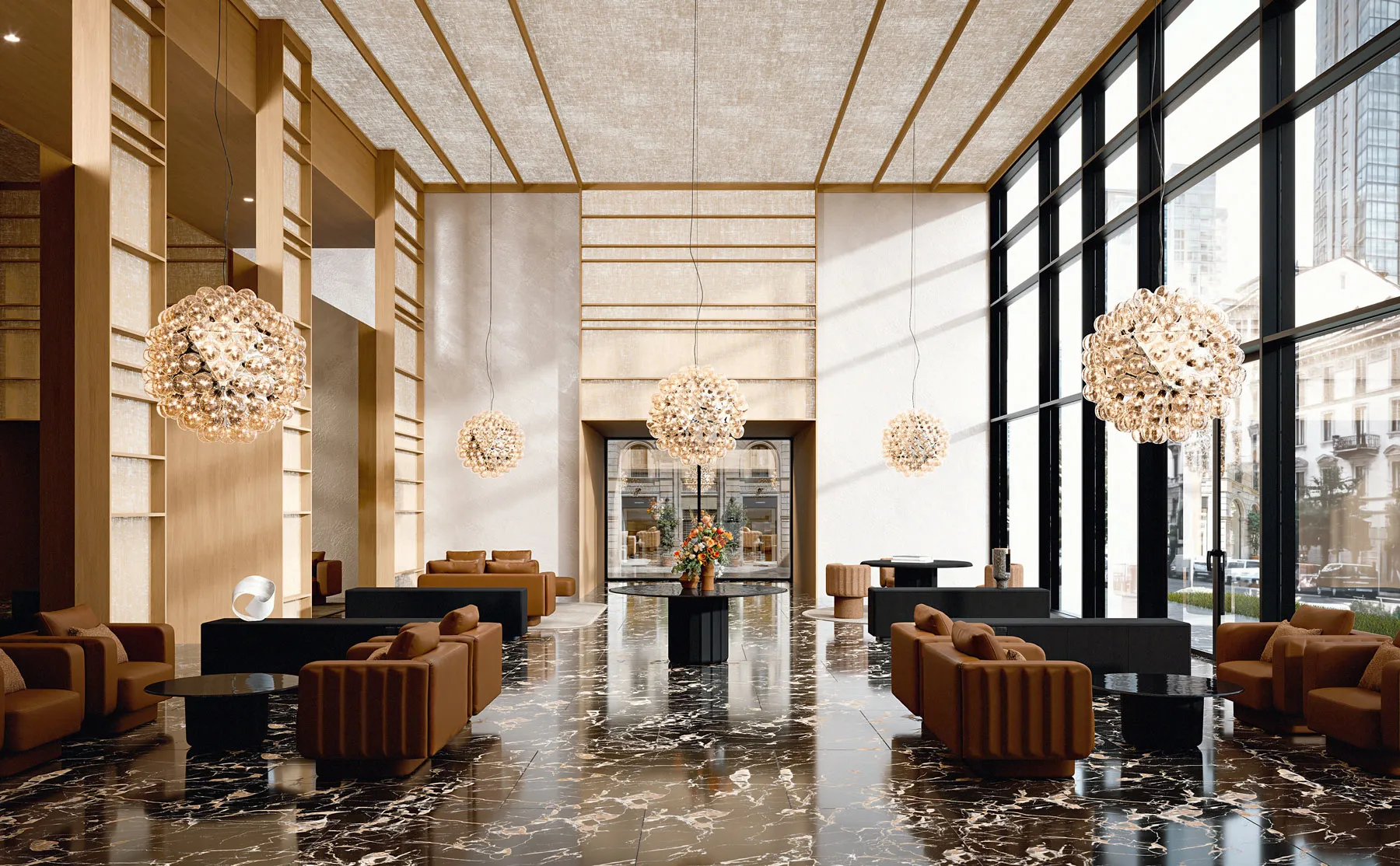 Sabree round table design with sculptural base in luxury hotel lobby with black marble floor and crystal chandeliers — Frezza contract