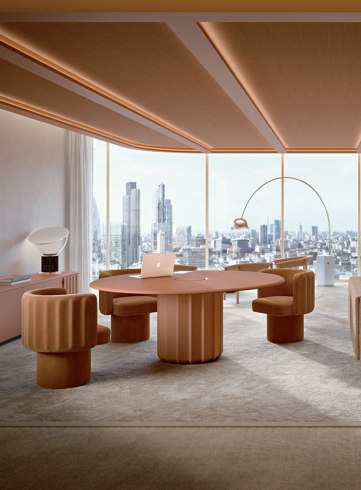 Sabree round table design with black base in luxury hotel lobby with marble floor and crystal sphere chandeliers — Frezza contract