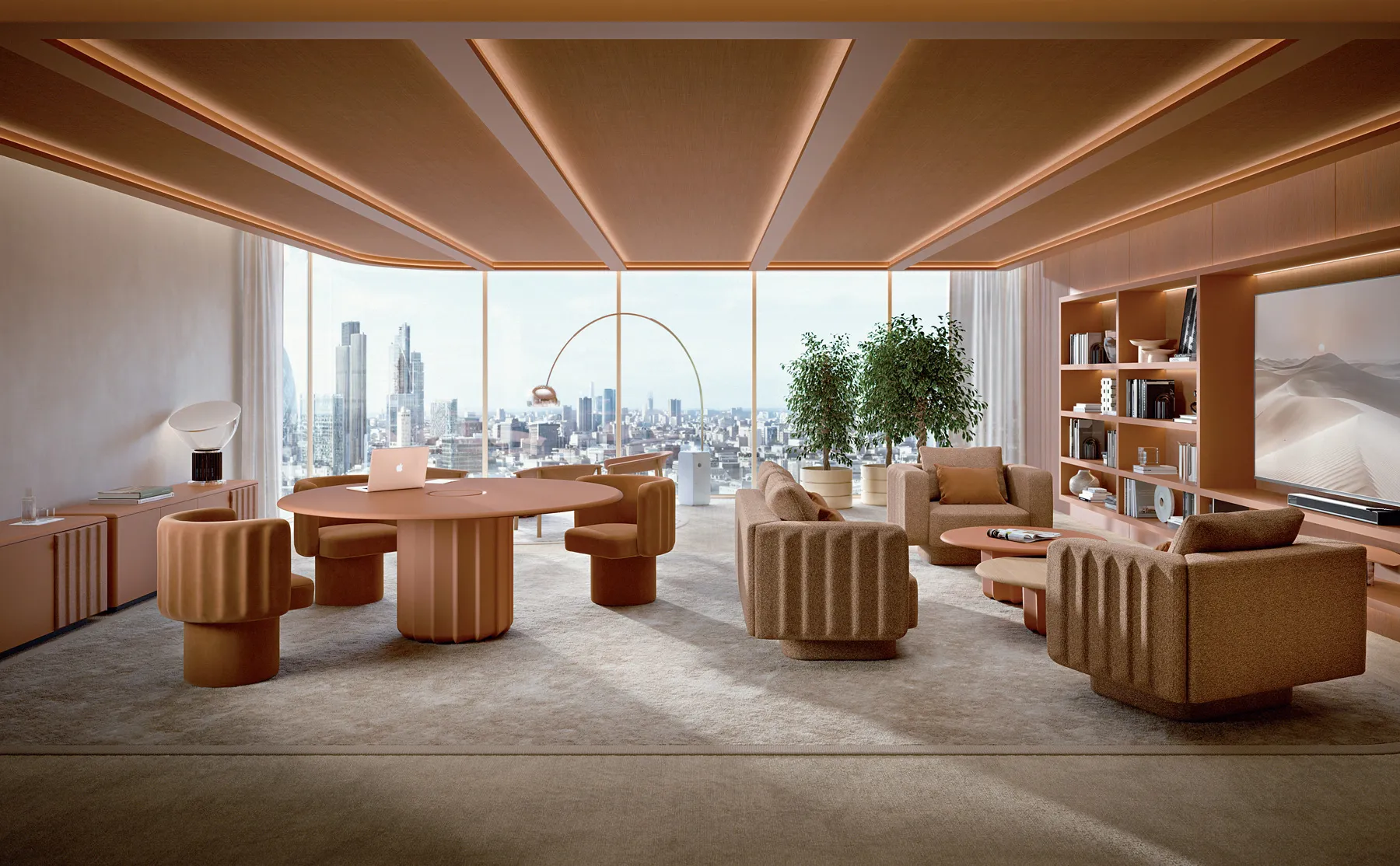 Sabree round table design with sculptural base in terracotta finish, paired with Lash chairs in an executive living room with city skyline view — Frezza
