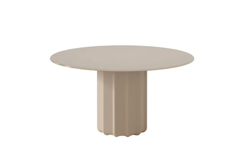 Sabree round table design with greige lacquered top and tonal sculptural wave base, front view on white background — Frezza