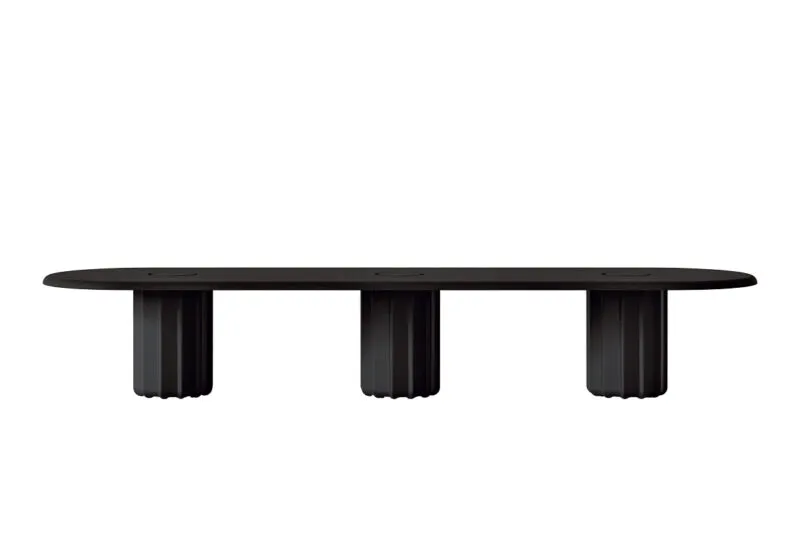 Sabree large oval table design with black lacquered finish, three cylindrical bases and integrated power unit, angled view on white background — Frezza