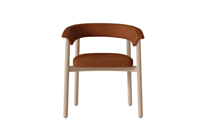 Lash wooden chair design in cognac upholstery with natural oak base, front view with signature eyelash-inspired curved backrest — Sabree Italian design