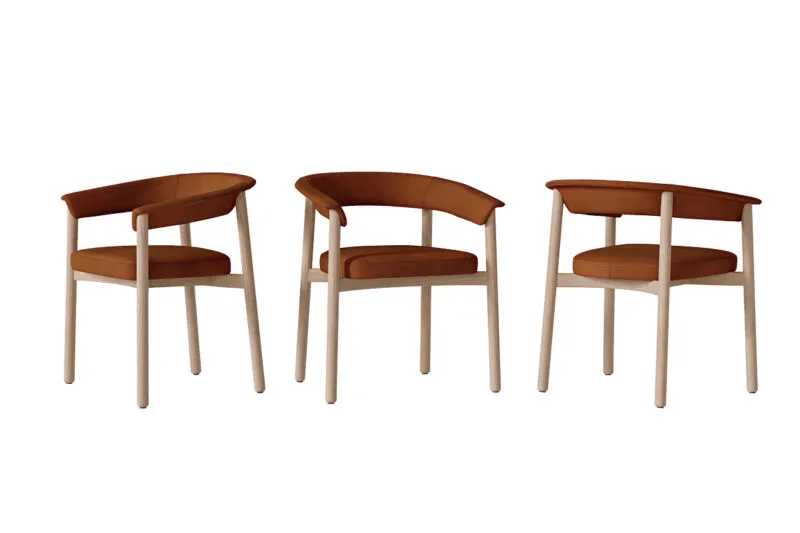 Lash wooden chair design in cognac upholstery with natural oak base, three views showing the sculptural curved backrest — Sabree Italian design
