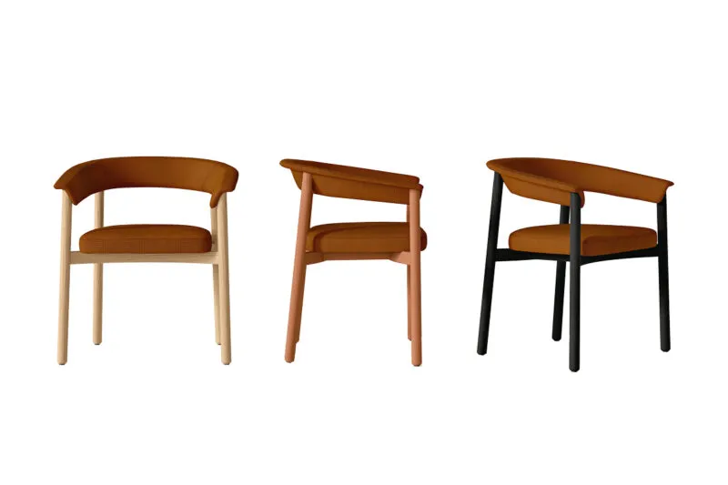 Lash wooden chair design in cognac upholstery with black base, three views showing the eyelash-inspired backrest profile — Sabree Italian design