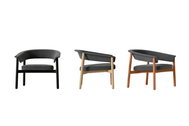Lash wooden chair design in anthracite upholstery with natural oak base, three views showing the enveloping curved backrest — Sabree Italian design