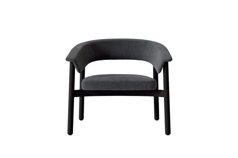 Lash wooden lounge chair in anthracite upholstery with black base, front view showing the enveloping eyelash-inspired backrest — Sabree Italian design
