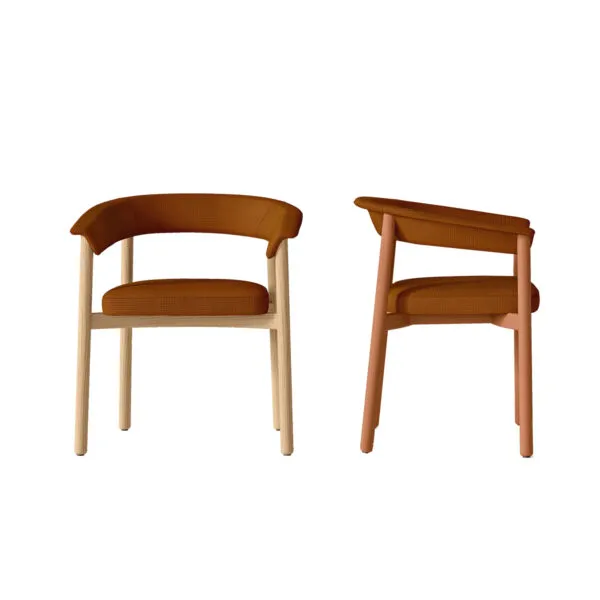 Lash wooden chair design in cognac upholstery with black base, three views showing the eyelash-inspired backrest profile — Sabree Italian design