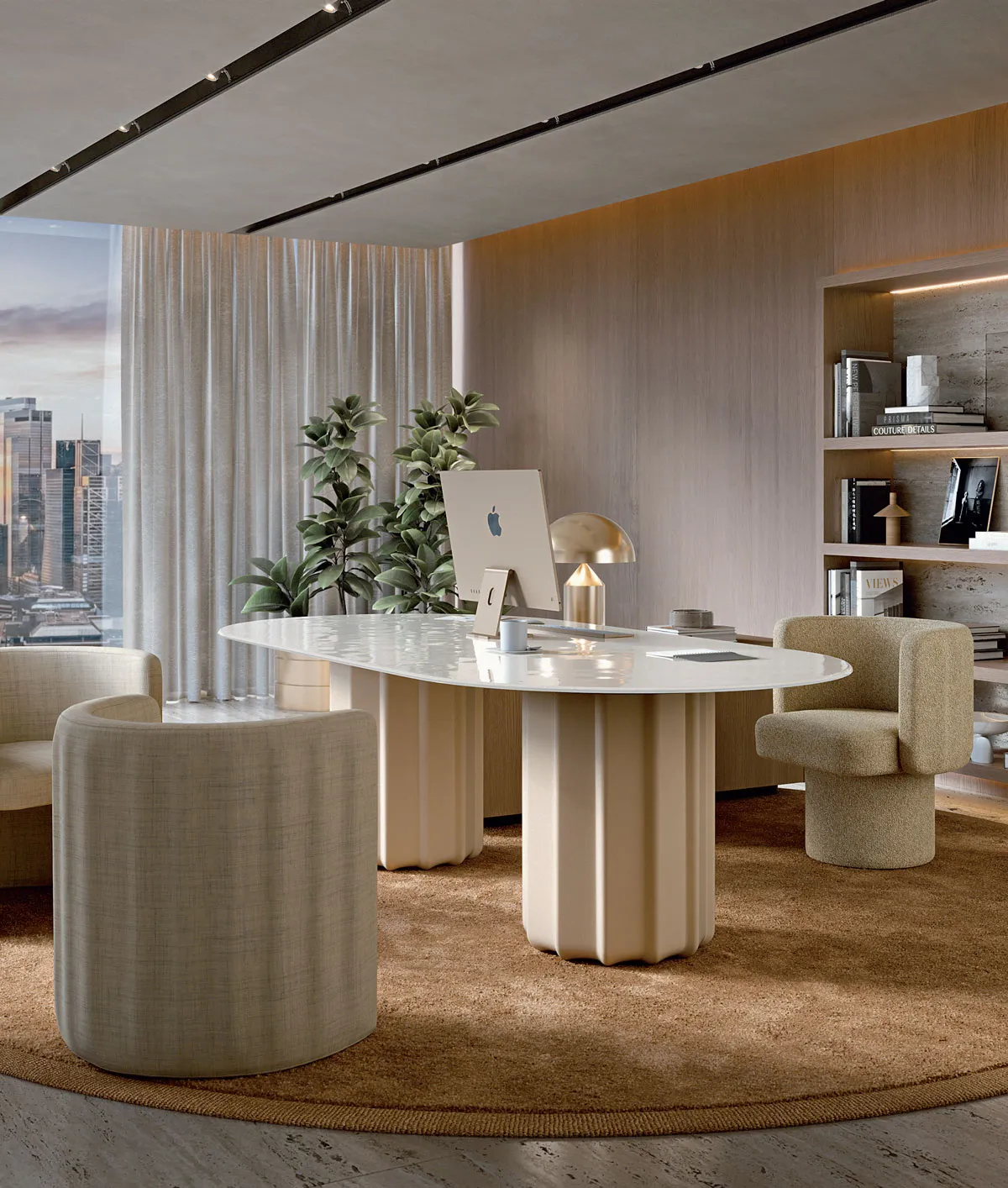 Sabree round table design with white top and sculptural base in a neutral executive office with panoramic city skyline view — Frezza