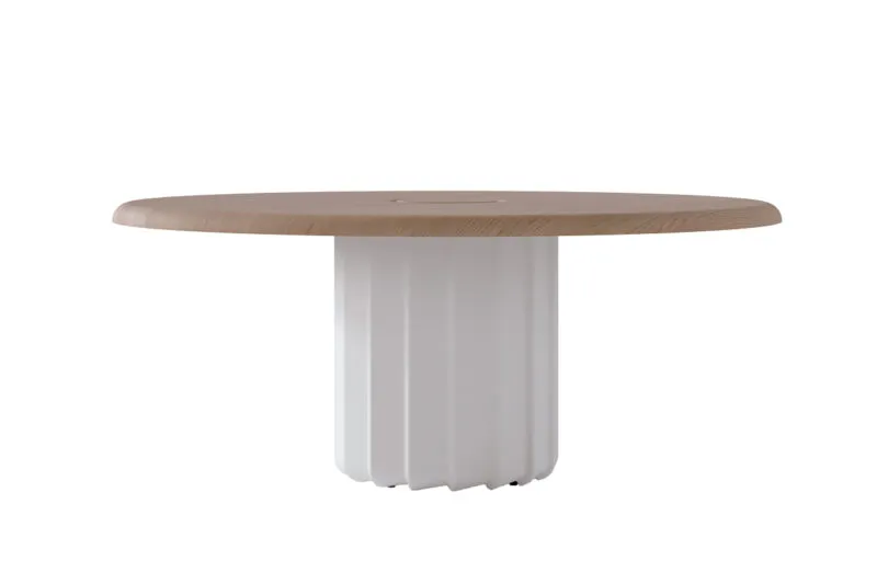 Sabree round table design with oak veneer top and white sculptural wave base, side view on white background — Frezza