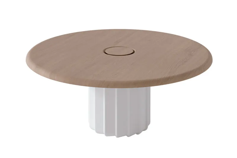 Sabree round table design with oak top, integrated power unit and white sculptural base, top view on white background — Frezza