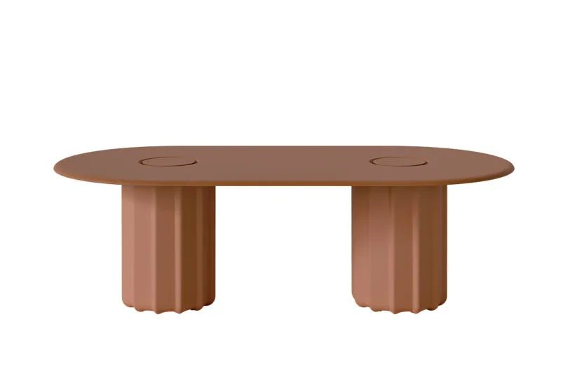 Sabree large oval table design with black lacquered finish, three cylindrical bases and integrated power unit, side view on white background — Frezza